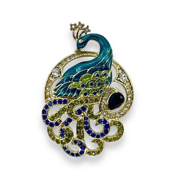 Peacock Blue Enamel Rhinestones Pendant Marked CHMF - Picture 1 of 5